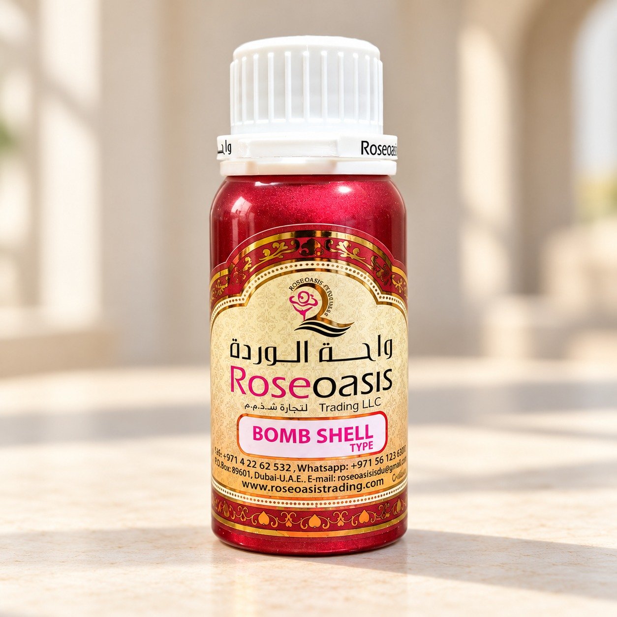 Roseoasis Bombshell Perfume Oil 100g – Daylight Roseoasis Bombshell perfume oil 100g bottle on a cream background in daylight