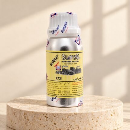 Surrati XXS perfume oil bottle on a travertine pedestal